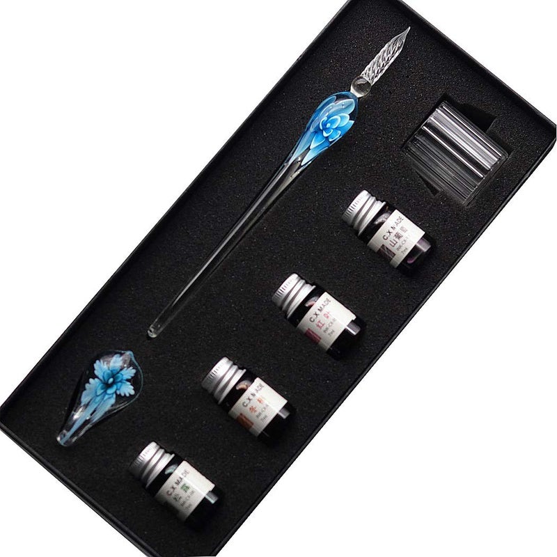 SIPLIV Crystal Glass Intarsia Dip Pen Fountain Pen Kit Vintage Calligraphy Signatures Pen with 4 Colors Ink, Pen Holder, Cleaning Cup, Light blue - Image 1